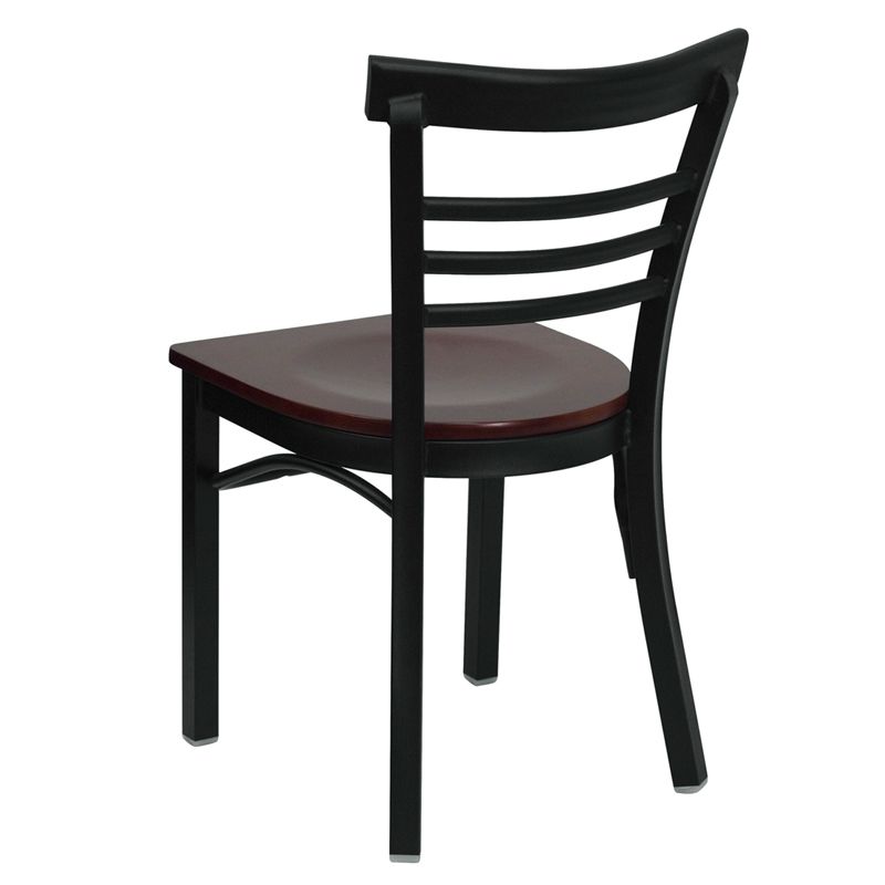Black Three-Slat Ladder Back Metal Restaurant Chair - Mahogany Wood Seat