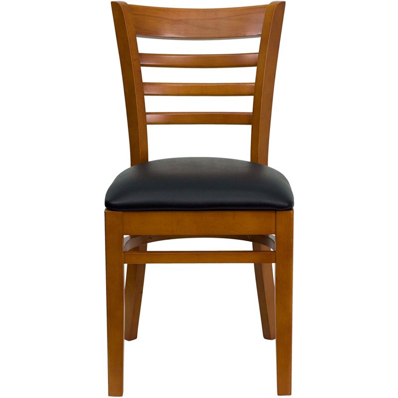 Ladder Back Cherry Wood Restaurant Chair - Black Vinyl Seat