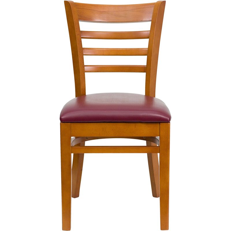 Ladder Back Cherry Wood Restaurant Chair - Burgundy Vinyl Seat