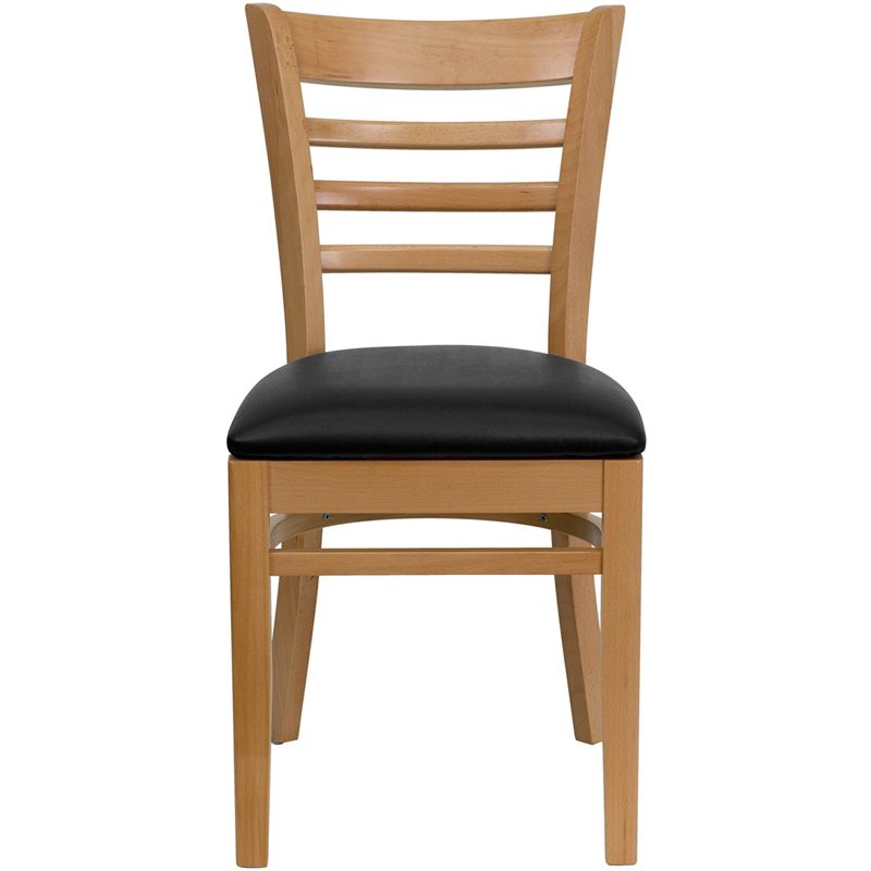 Ladder Back Natural Wood Restaurant Chair - Black Vinyl Seat