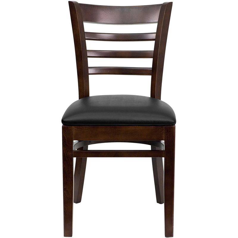 Ladder Back Walnut Wood Restaurant Chair - Black Vinyl Seat