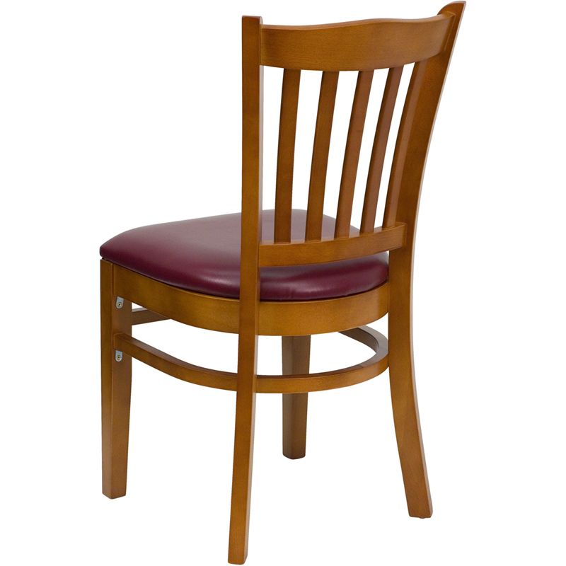 Vertical Slat Back Cherry Wood Restaurant Chair - Burgundy Vinyl Seat