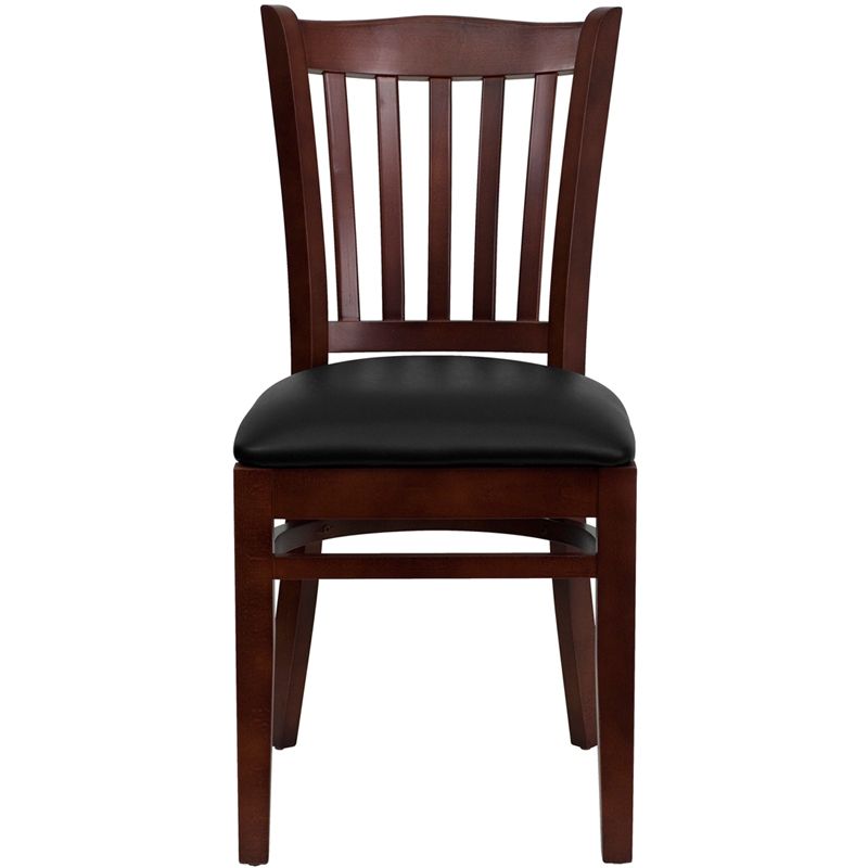 Vertical Slat Back Mahogany Wood Restaurant Chair - Black Vinyl Seat