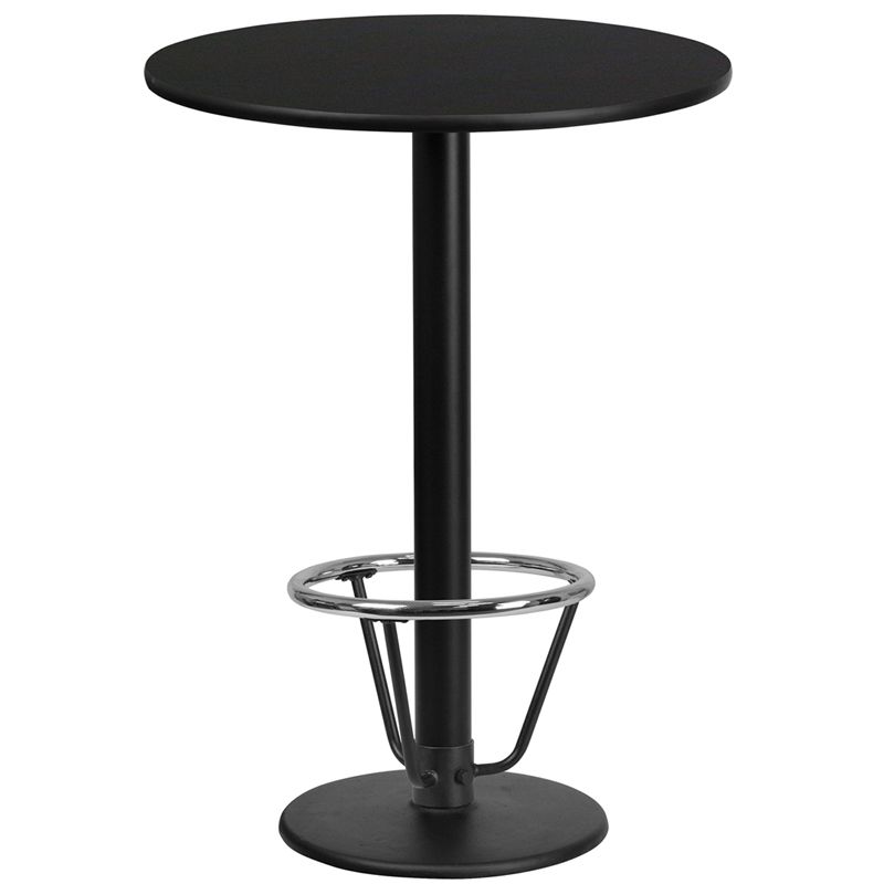 24'' Round Black Laminate Table Top with 18'' Round Bar Height Table Base and Foot Ring 24'' Round Black Laminate Table Top with 18'' Round Bar Height Table Base and Foot Ring