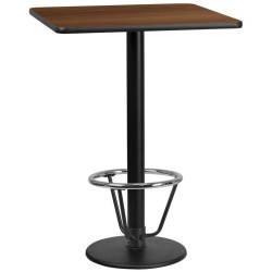 30'' Square Walnut Laminate Table Top with 18'' Round Bar Height Table Base and Foot Ring